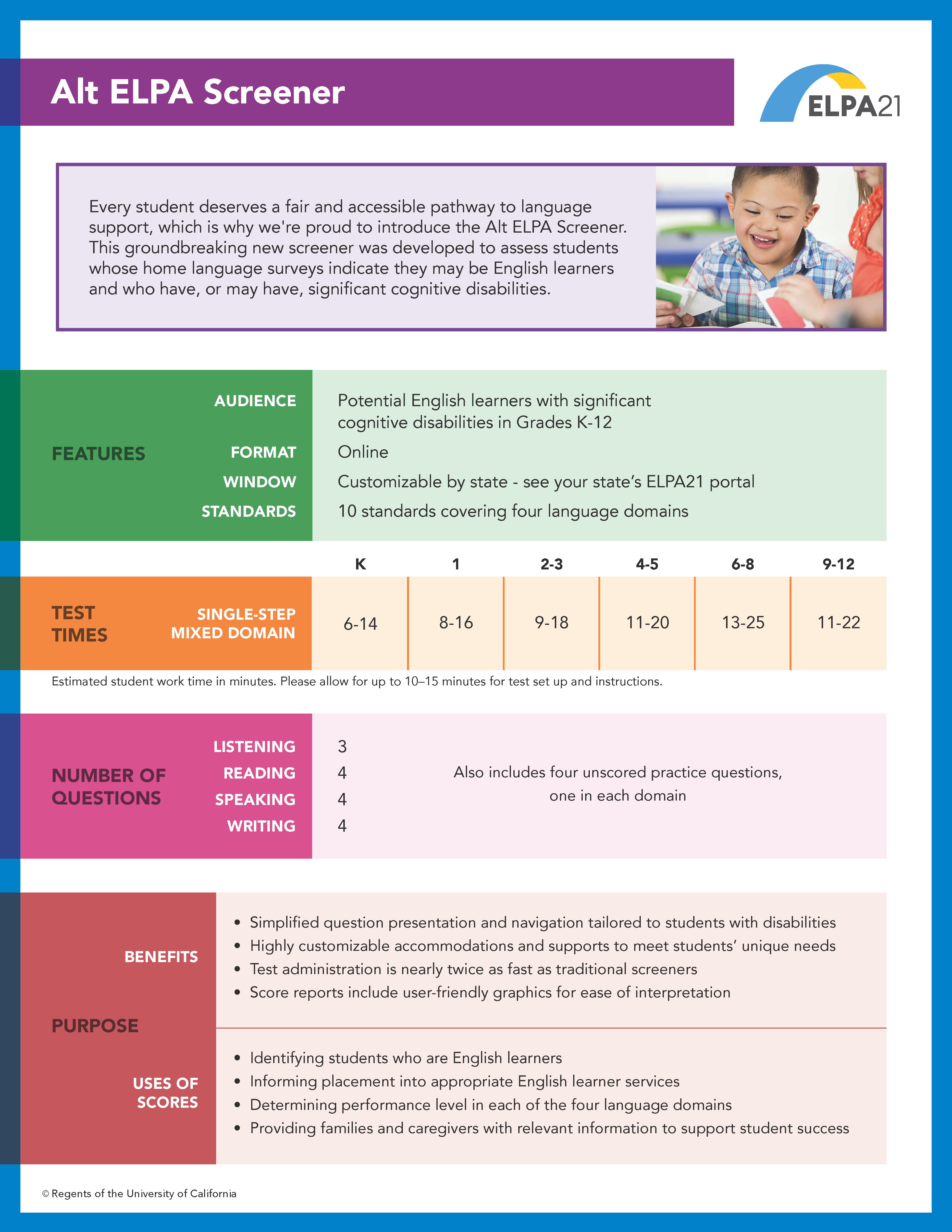 Flyer describing components of the Alt ELPA Screener